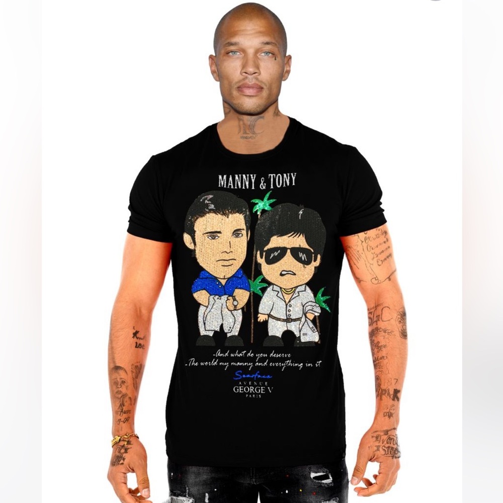 Scarface George V Black Beige Designer Men’s Rhinestone Tee Shirt